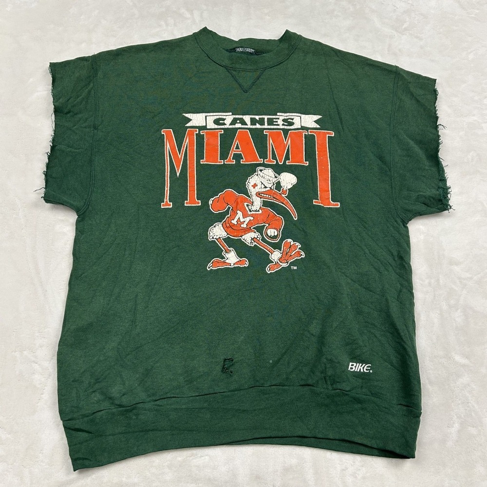 Bike Miami Hurricanes Sweatshirt Mens L Green Cut Off Distressed Vintage 90s